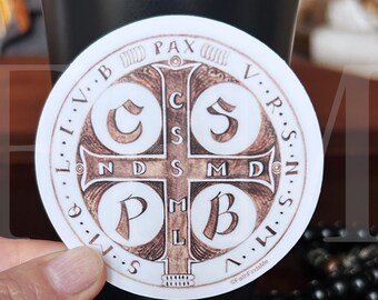 St. Benedict Medal Sticker, Decal, Skin. Masculine Catholic sticker. Size 3x3 inches White background.