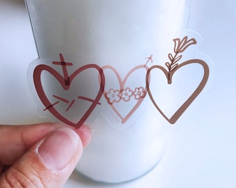 Sacred Heart, Immaculate Heart, Most Chaste Heart, Clear, Catholic Stickers, Catholic Decal, Catholic skin, Size 3x1.63 in.