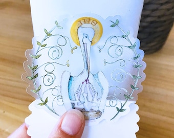 The pelican symbolizes Jesus our Redeemer Clear sticker, decal. Size 3x2.86"