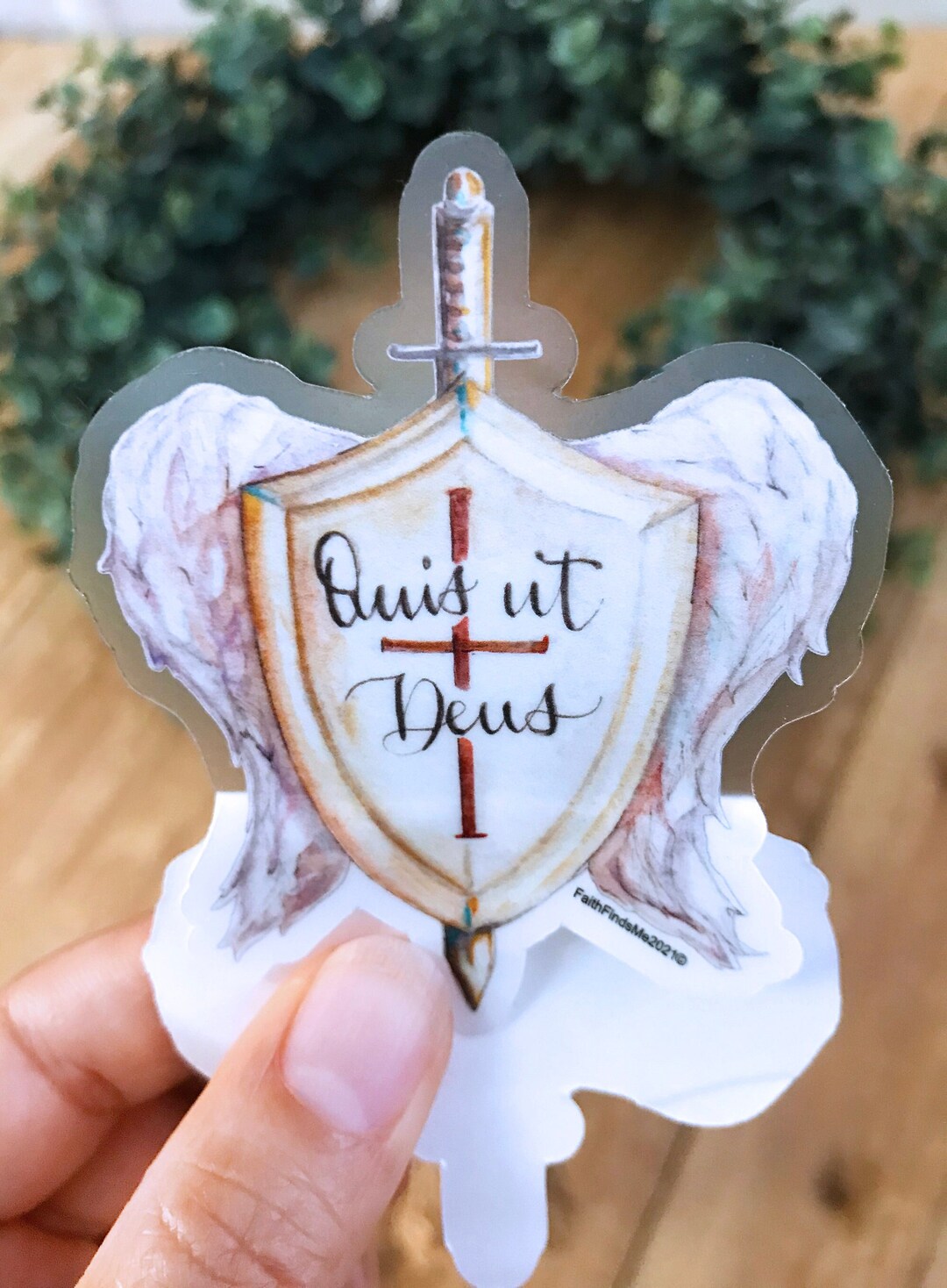 Quis Ut Deus, Who is Like God St. Michael Clear Sticker, Decal. Size 2.