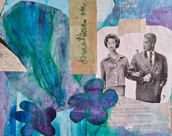 Collage original hecho a mano sobre lienzo, arte de collage moderno, arte de collage nostálgico, una obra de arte con recuerdos, decoración del hogar