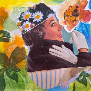 Original handmade collage, collage on Papier, modern collage art, nostalgic collage art, mixed media collage, lady with flowers, home decor