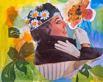 Original handmade collage, collage on Papier, modern collage art, nostalgic collage art, mixed media collage, lady with flowers, home decor
