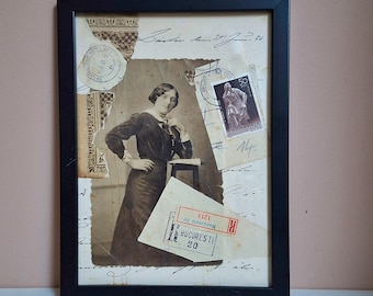 Arte mista originale, collage fatto a mano, collage mista, collage di carta, collage arte contemporanea in viaggio incorniciato