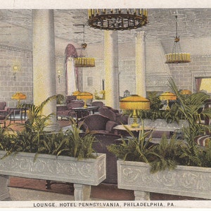 Hotel Pennsylvania Philadelphia Lounge - Cartão postal vintage original com selo - Cartão postal colorido de 1927 - Frete grátis