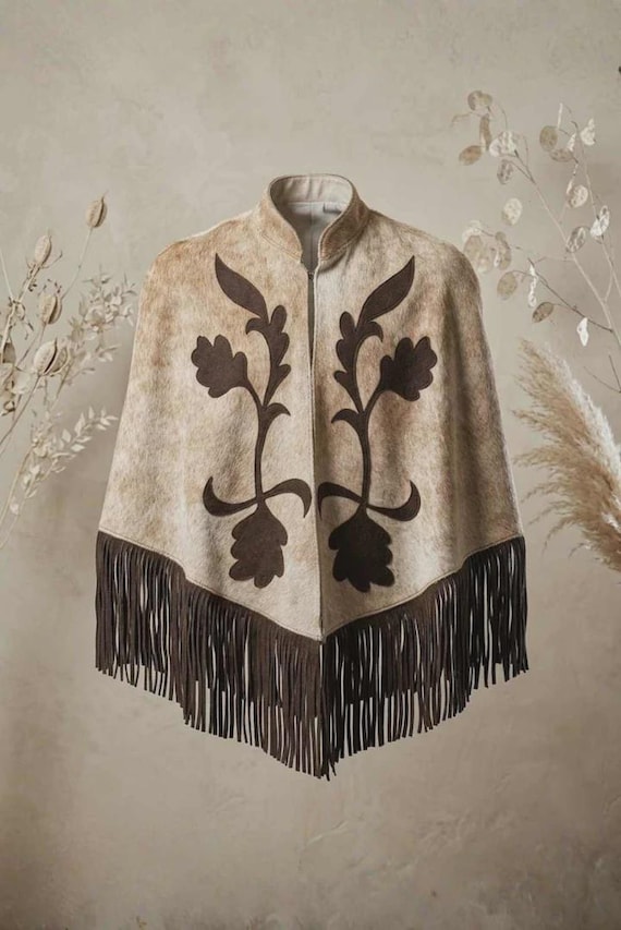 Cowhide Leather Fringe Cape, Western Hair On Hide Ranch Cape