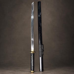 May include: A Japanese katana sword with a polished steel blade featuring a visible wavy temper line, a black cord-wrapped handle with gold-coloured accents, and a matching black lacquered scabbard with a black cord wrap detail near the centre.