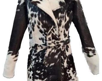 Stylish Cowhide Hair on Hide Leather Trench Coat - Western Chic Outerwear