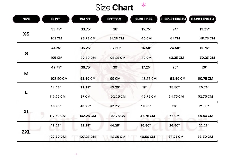 Pode incluir: Tabela de tamanhos com medidas em polegadas e cent&iacute;metros para os tamanhos XS, S, M, L, XL e 2XL. As medidas incluem busto, cintura, fundo, ombro, comprimento da manga e comprimento das costas.