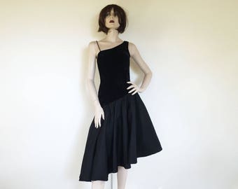 Denise Fashions Black Velvet and Taffeta Asymmetrical Formal Dress