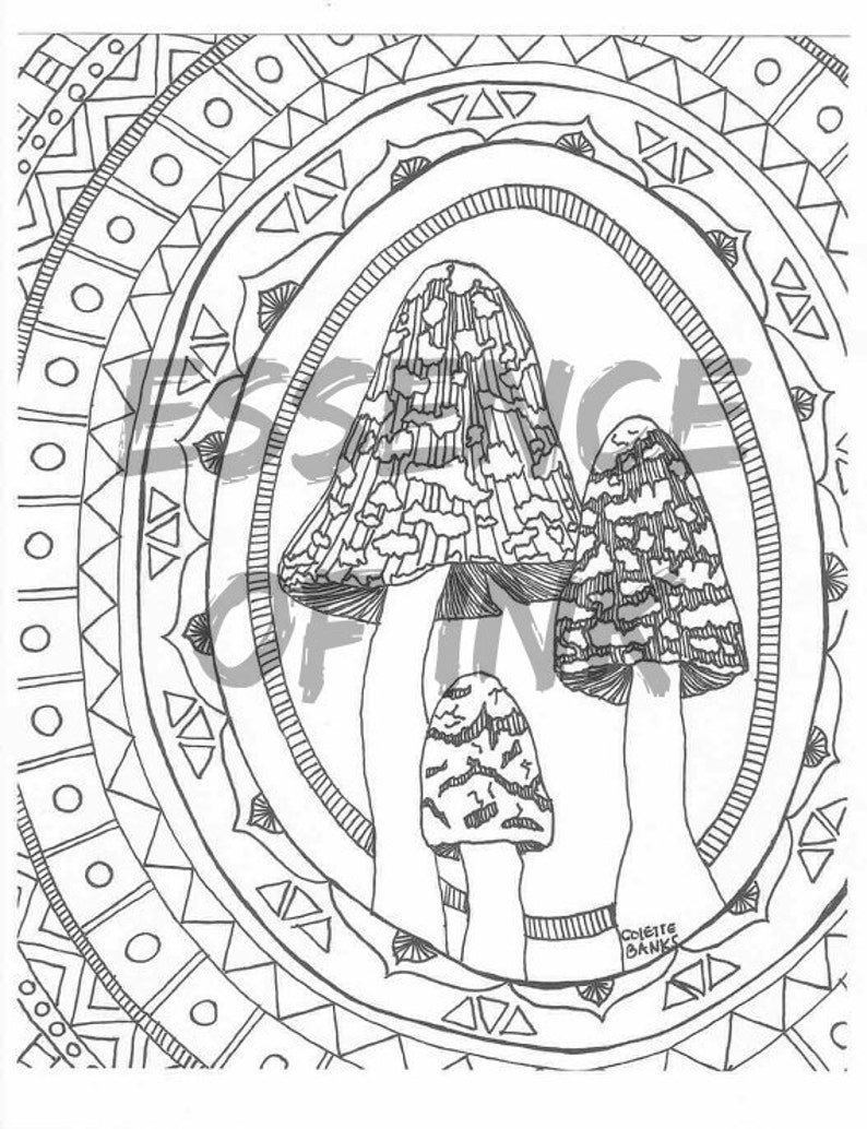 Download Aztec Zentangle Adult Coloring Page of Woodland Mushrooms. | Etsy