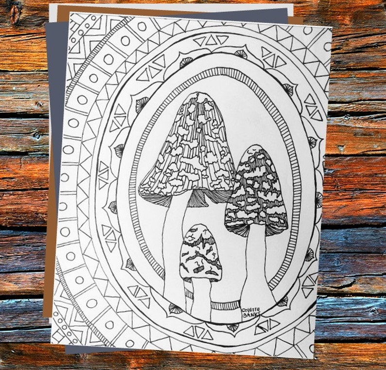 Download Aztec Zentangle Adult Coloring Page of Woodland Mushrooms. | Etsy