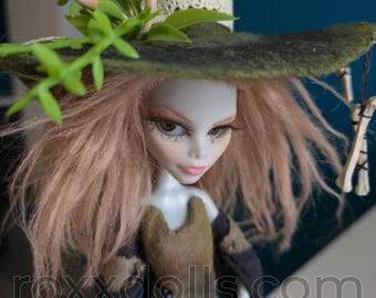 The Mycelial Maiden - OOAK Monster High Repaint with Handmade Mossy Dress and Mushrooms