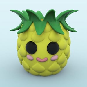 May include: A yellow pineapple with a green leafy crown and a cute cartoon face. The pineapple has black eyes, pink cheeks, and a pink smile.
