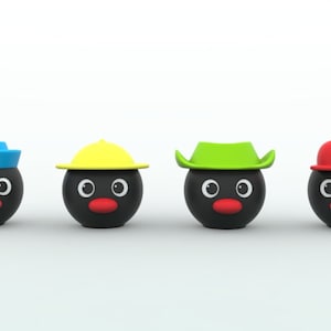 Könnte beinhalten: Vier schwarze Figuren mit verschiedenen farbigen Hüten. Die Hüte sind blau, gelb, grün und rot. Jede Figur hat zwei weiße Augen und eine rote Nase.