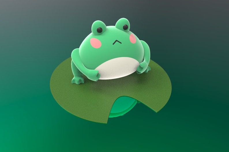 May include: A green frog with pink cheeks sits on a green lily pad. The frog has large, black eyes and a white belly.