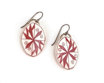 A189R- Pysanka Earrings  - pink  windmills  on Goose Eggshell