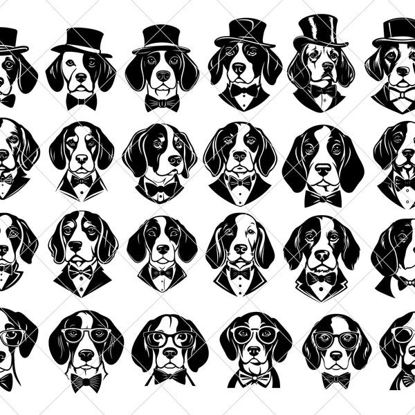 Dapper Beagles SVG PNG jpg dxf eps pdf, clipart, Dogs, top hat, bow tie, fancy, suit, vector, personal, commercial, cricut, silhouette, cut