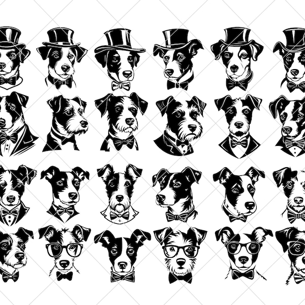 Elegante Jack Russell Terrier SVG PNG jpg dxf eps pdf, Clipart, Hund, Zylinder, Fliege, ausgefallen, Anzug, Vektor, persönlich, kommerziell, Cricut