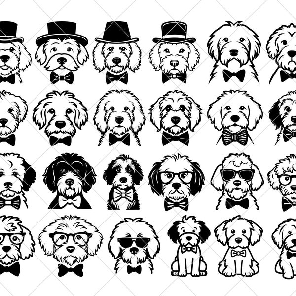 Dapper Golden Doodles SVG PNG jpg dxf eps pdf, clipart, dog, top hat, bow tie, fancy, suit, vector, personal, commercial, cricut, silhouette