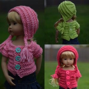 May include: Three dolls wearing knitted hats and sweaters. The hats and sweaters are in pink, green, and red. The dolls have blonde hair and are wearing blue jeans.