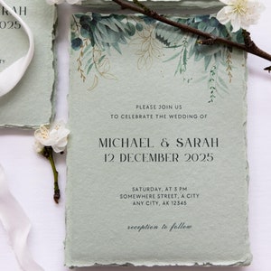 Handmade paper wedding invitation, sage cotton rag deckled edge stationery suite, 5x7&quot;, 4x6&quot;, A5.