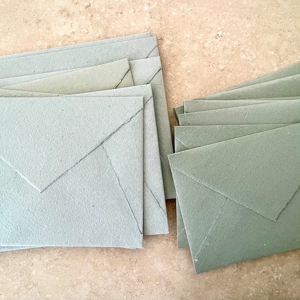 Sage green Recycled Envelopes torn edge, Pointy Flaps, hand made paper envelopes, fine art paper, 100% recycled paper. 25 PACK