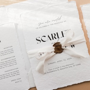 Handmade wedding invitation, 1,2 or 3 piece stationery suite. White cotton rag deckled edge invites, 5x7", 4x6", details and rsvp card