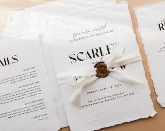 May include: Wedding invitation suite with white paper, black ink, and a wax seal. The invitation reads "You are invited to celebrate the wedding of Scarlett and Matthew. Sunday, April 12, 2026. Four o'clock in the afternoon. 46 Somewhere St. Beautiful City, St 12345."