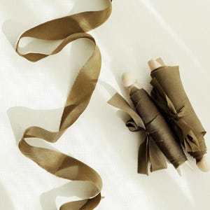Silk Ribbon | KHAKI OLIVE GREEN | Plant based, hand dyed silk ribbons, wedding ribbon, floral ribbon, stationery ribbon, 100% silk