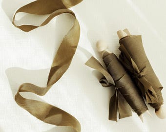 Silk Ribbon | KHAKI OLIVE GREEN | Plant based, hand dyed silk ribbons, wedding ribbon, floral ribbon, stationery ribbon, 100% silk