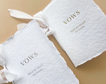 Gold or Silver foil pressed Vow Books, handmade wedding keepsake, cotton paper, with silk ribbon