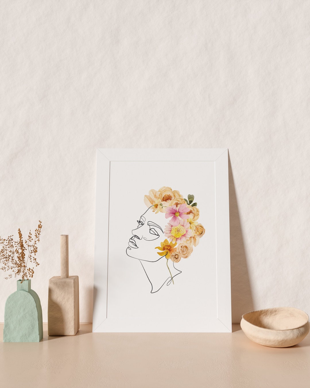 Female Line Art and Flowers Wall Print Minimalist Boho Wall - Etsy