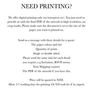 Puede incluir: Texto sobre un fondo blanco con el encabezado "NEED PRINTING?" e informaci&oacute;n sobre servicios de impresi&oacute;n digital. El texto incluye detalles sobre los tipos de impresi&oacute;n que se ofrecen, la informaci&oacute;n necesaria para un presupuesto, as&iacute; como el precio y el tiempo de entrega.