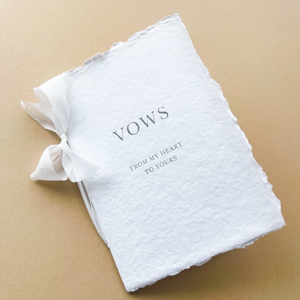 Silver Foil Pressed Vow Books, handmade wedding keepsake, cotton paper, with silk ribbon