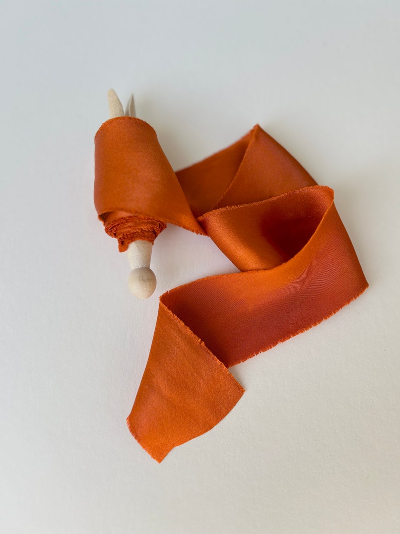 Silk Ribbon Pumpkin Spice SILK SATIN Plant based, hand dyed silk ribbons, wedding ribbon, floral ribbon, stationery ribbon, 100% silk image 1