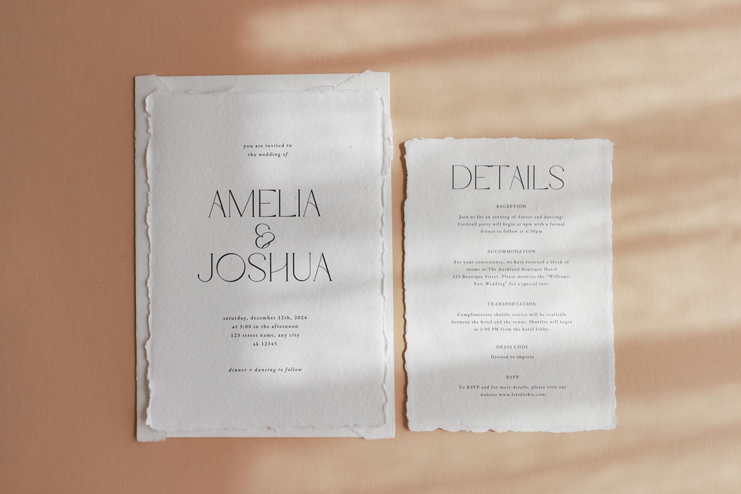 Handmade Wedding Invitation, White Cotton Rag Deckled Edge Paper ...