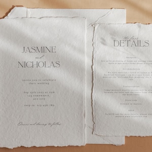 Elegant wedding stationery suite on handmade cotton rag paper. 1,2 or 3 piece invitation suite on deckled edge  5x7", 4x6", details, rsvps.