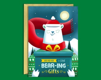 I come bear-ing gift - Christmas cards / Greetings cards / Holiday cards / Festive / Polar Bear Christmas  / Art Cards