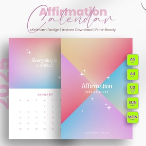 Calendario 2025 / Calendario di affermazioni stampabile con citazioni motivazionali / Calendario di citazioni / Affermazioni positive e biglietti / PDF stampabile