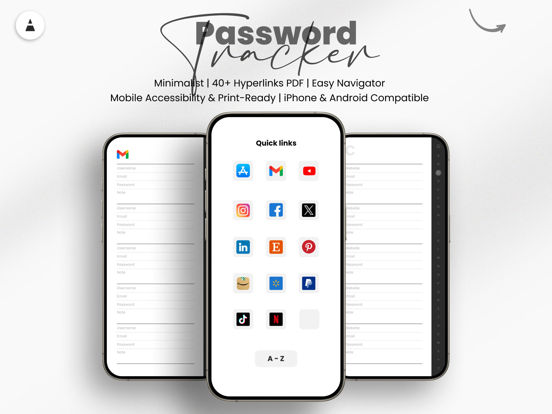 Digital Password Tracker, Alphabetical Password Tracker, Password Book, Goodnotes, Notability Planner, Phone Planner, Hyperlinked PDF
