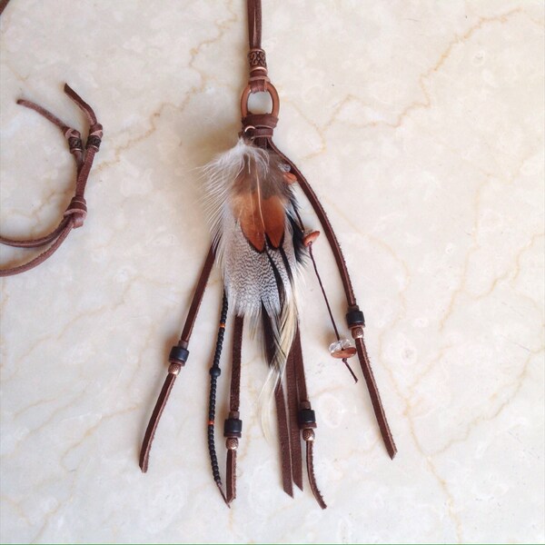 long feather beaded necklace brown leather fringe boho necklace Coachella