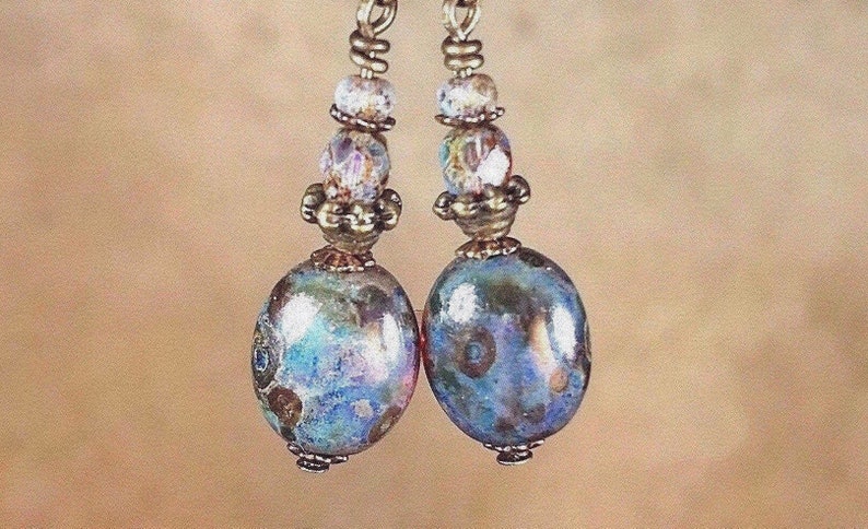 Mother\u2019s Day gift blue and amber dangle drop earrings multicolor Czech glass colorful earrings small minimalist everyday earrings