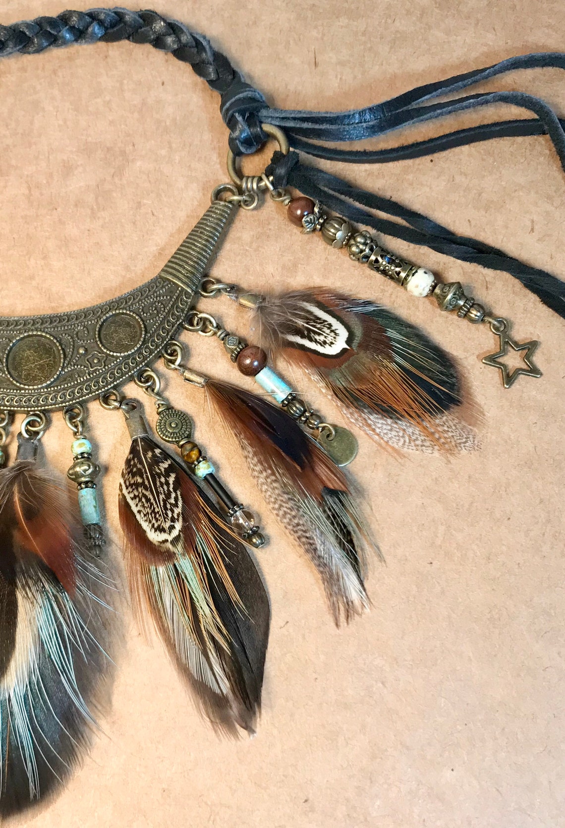 Hippie necklace boho real feather beaded necklace celestial Etsy