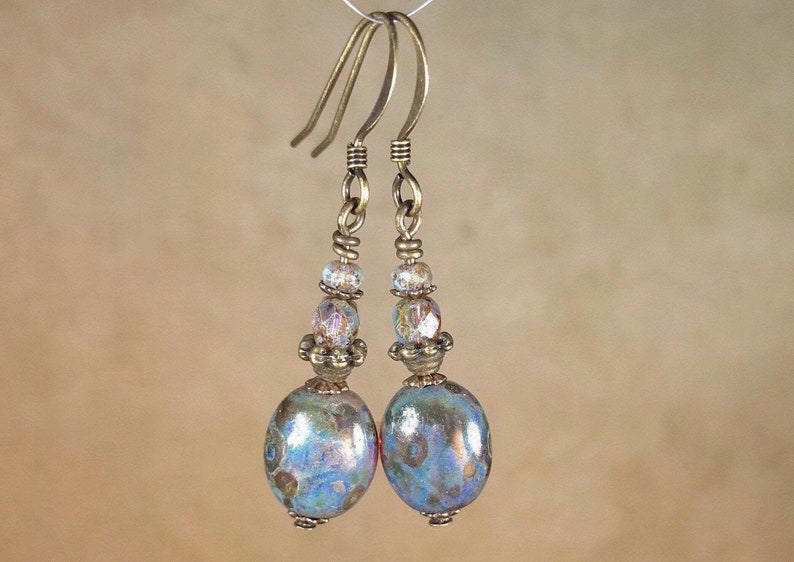 Mother\u2019s Day gift blue and amber dangle drop earrings multicolor Czech glass colorful earrings small minimalist everyday earrings
