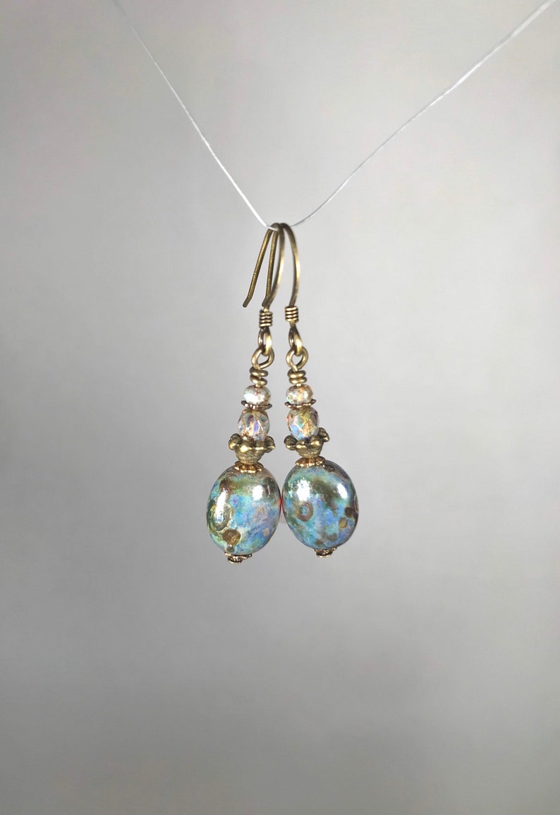 Mother\u2019s Day gift blue and amber dangle drop earrings multicolor Czech glass colorful earrings small minimalist everyday earrings