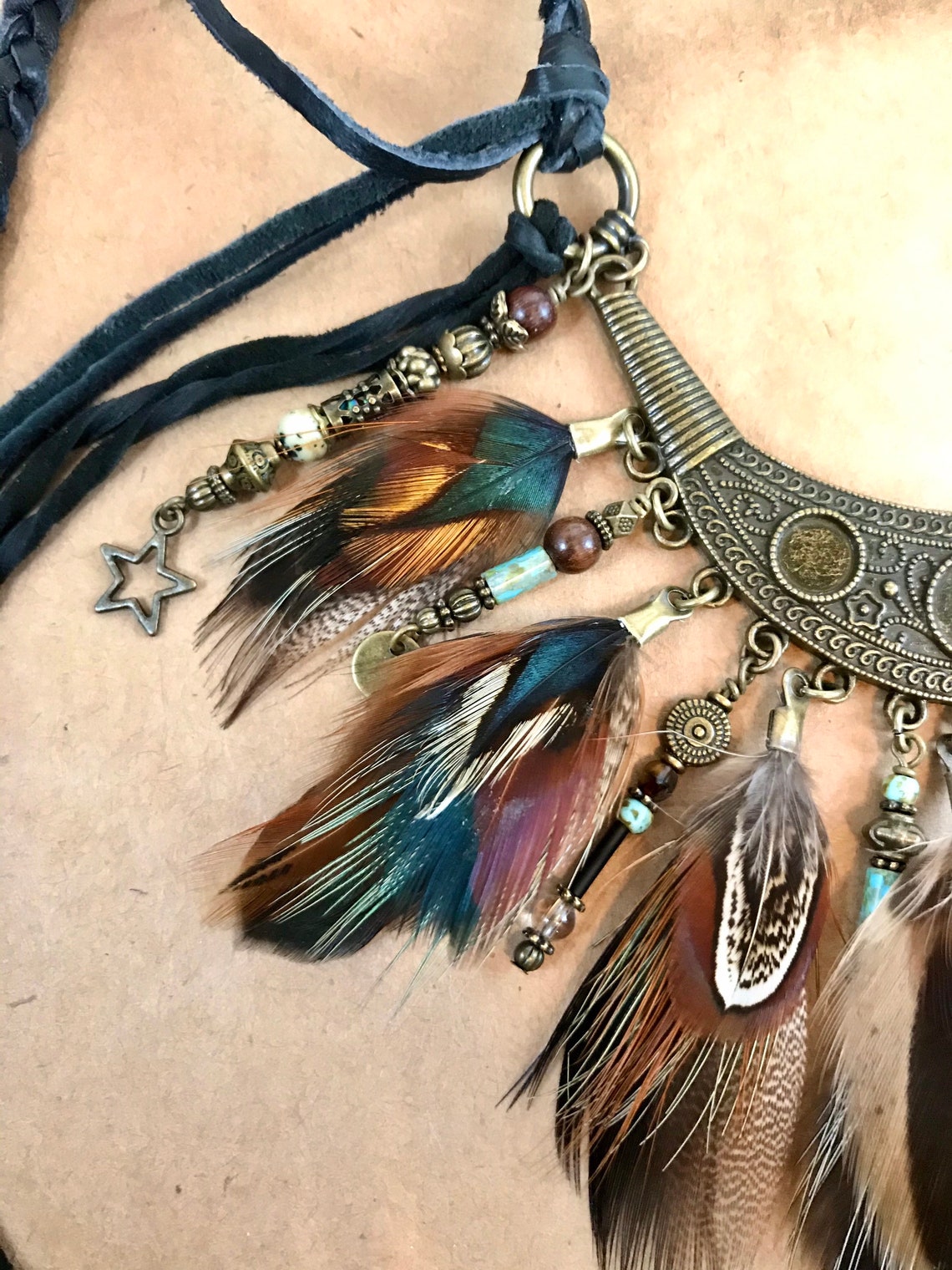Hippie necklace boho real feather beaded necklace celestial Etsy