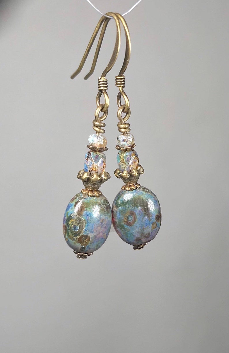 Mother\u2019s Day gift blue and amber dangle drop earrings multicolor Czech glass colorful earrings small minimalist everyday earrings