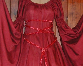 Long Maroon red Renaissance chemise style dress puff sleeve shoulder & long dagged sleeve fantasy Costume gown