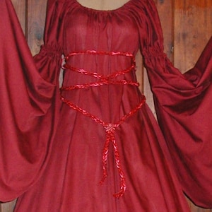 Long Maroon red Renaissance chemise style dress puff sleeve shoulder & long dagged sleeve fantasy Costume gown